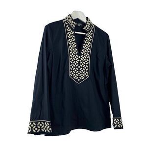 Go Silk Black Embroidered‎ Bell Sleeve V-Neck Tunic Top Women's Size Large